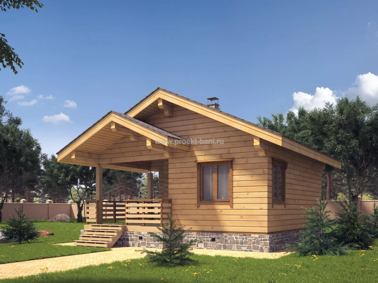 Проект одноэтажной бани из бруса с просторной комнатой отдыха, парной и моечной